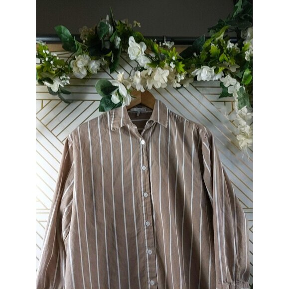 OAK FORT Women's Tan White Striped Button Up Blouse Flare Sleeve Size OS - Picture 2 of 9